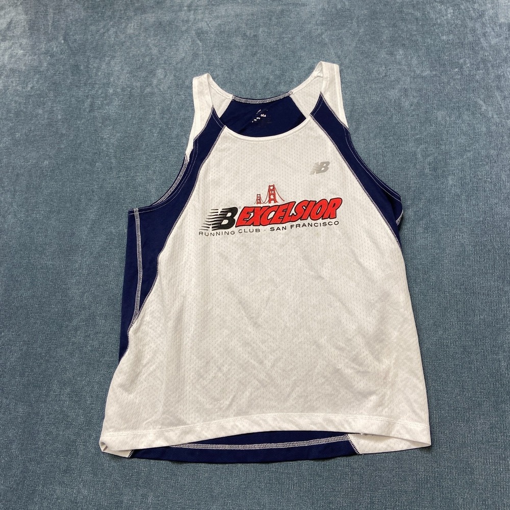 New Balance Excelsior Running Club Tank Top Mens Large White Blue Mesh Logo